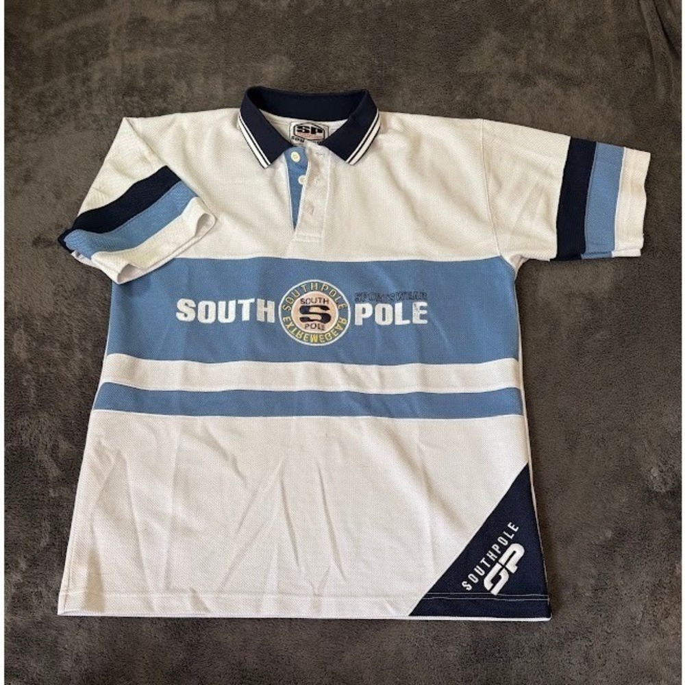 Vintage Southpole Sporting Gear Jersey Polo Shirt White Blue Mens L Streetwear